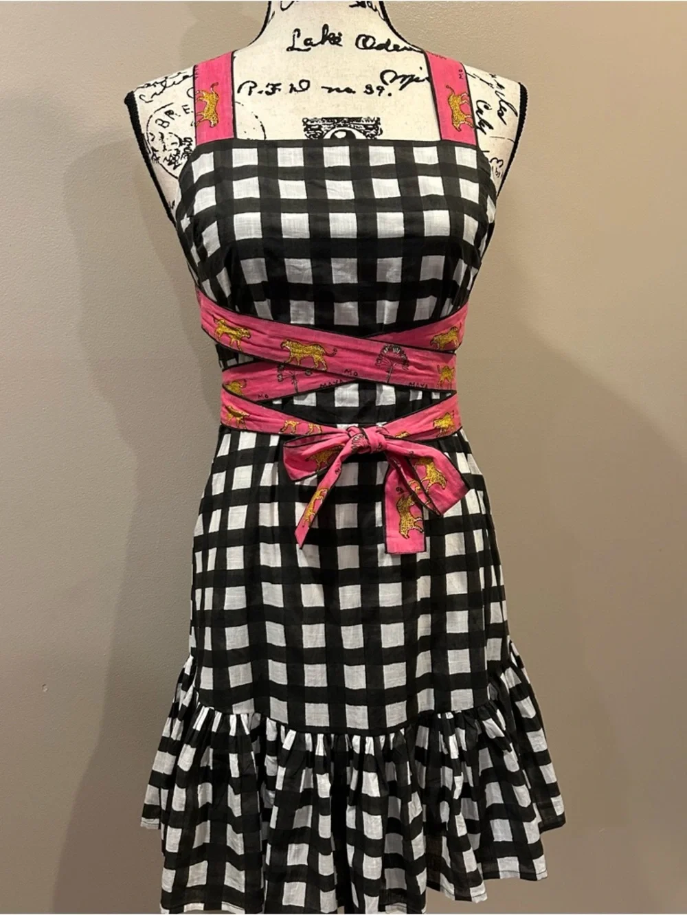 Mo Maya Luna Check and Leopard Print Strap Square Neckline Sleeveless Mini Dress - Picture 9 of 16
